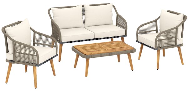 Outsunny 4 Piece Rattan Garden Furniture Set with Loveseat, Armchairs, Wood Table, Wicker Patio Conversation Set, Cream White