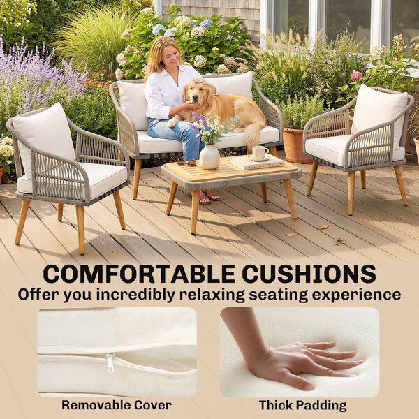 Outsunny 4 Piece Rattan Garden Furniture Set with Loveseat, Armchairs, Wood Table, Wicker Patio Conversation Set, Cream White