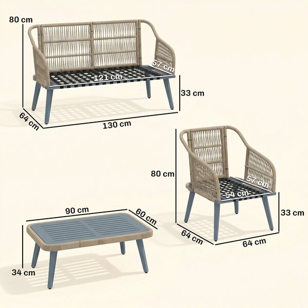 Outsunny 4 Piece Rattan Garden Furniture Set with Loveseat, Armchairs, Wood Table, Wicker Patio Conversation Set, Grey