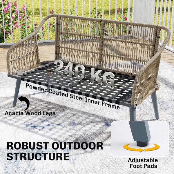 Outsunny 4 Piece Rattan Garden Furniture Set with Loveseat, Armchairs, Wood Table, Wicker Patio Conversation Set, Grey