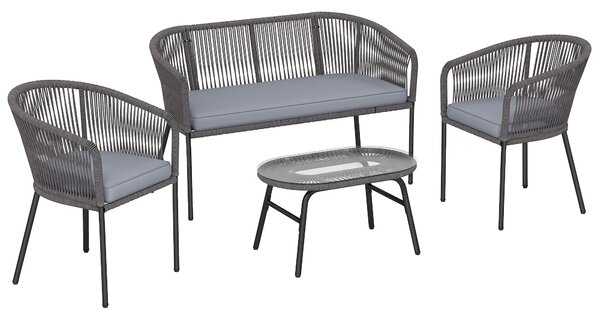 Outsunny 4 Piece Garden Furniture Set, Rope Garden Sofa Set with 1 Loveseat 2 Chairs Tempered Glass Table Cushions, Dark Grey