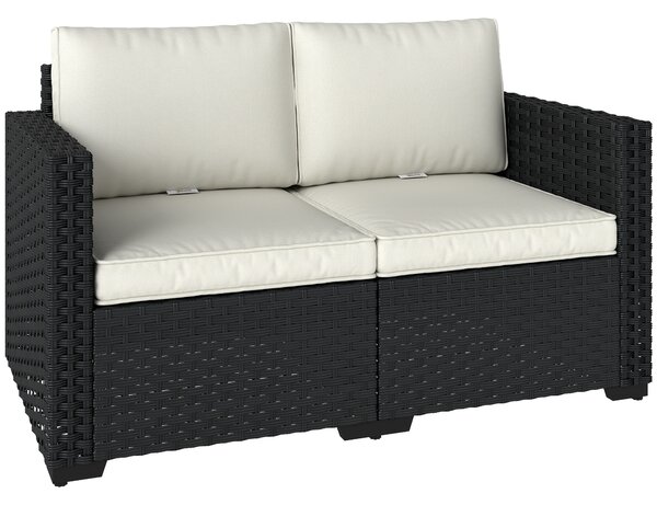 Outsunny 2 Seater Rattan Sofa, Outdoor Garden Sofa with Deep Seat, Cushions, Wide Armrests for Patio, Balcony, Porch, Black