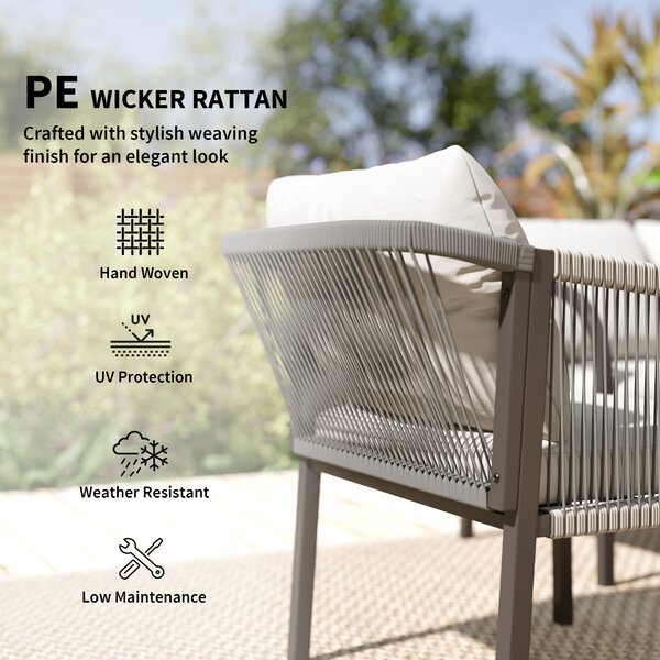 Outsunny 4 Piece Rattan Garden Furniture Set with Loveseat, Armchairs, Table, Steel Frame Wicker Patio Conversation Set, Grey