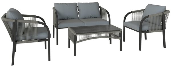 Outsunny 4 Piece Rattan Garden Furniture Set with Loveseat, Armchairs, Table, Steel Frame Wicker Patio Conversation Set, Grey