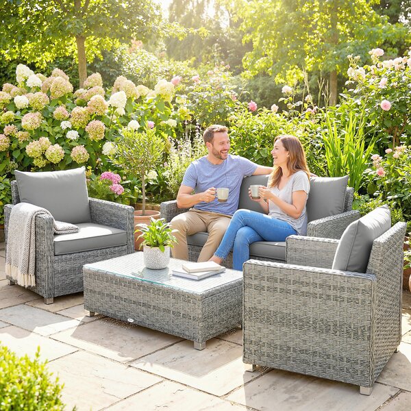 Outsunny 4 Piece Rattan Garden Furniture Set with Loveseat, 2 Armchairs, Glass-Top Table, Wicker Patio Conversation Set, Grey
