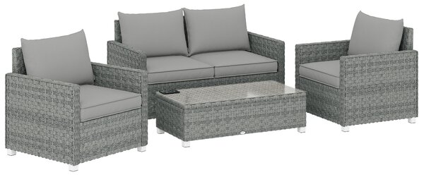 Outsunny 4 Piece Rattan Garden Furniture Set with Loveseat, 2 Armchairs, Glass-Top Table, Wicker Patio Conversation Set, Grey