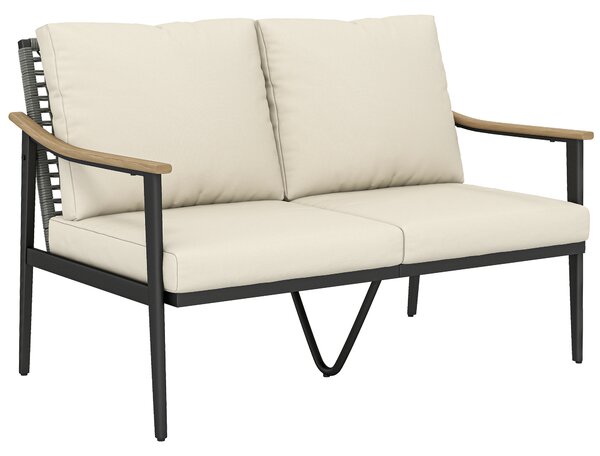 Outsunny 2 Seater Rattan Sofa, Outdoor Garden Sofa with Wood-Effect Armrests, Cushions for Patio, Balcony, Khaki