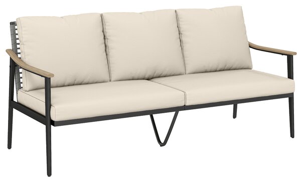 Outsunny 3 Seater Rattan Sofa, Outdoor Garden Sofa with Wood-Effect Armrests, Cushions for Patio, Balcony, Khaki