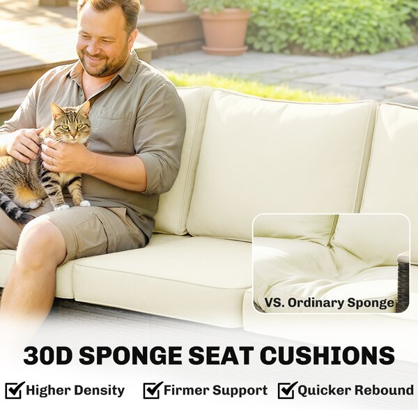 Outsunny 3 Seater Rattan Garden Sofa, PE Wicker Outdoor Sofa Wide Deep Seat, 4" Cushions, Wood-Effect Armrests Legs, Brown
