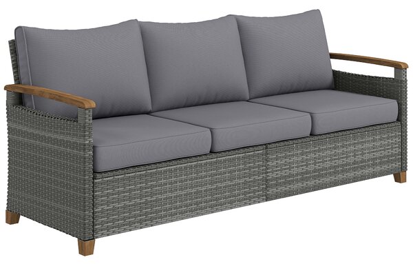 Outsunny 3 Seater Rattan Garden Sofa, PE Wicker Outdoor Sofa Wide Deep Seat, 4" Cushions, Wood-Effect Armrests Legs, Dark Grey