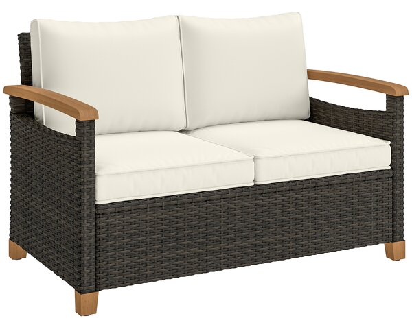 Outsunny 2 Seater Rattan Garden Sofa, Outdoor Sofa with Thickened Cushions and Acacia Wood Armrests, Brown