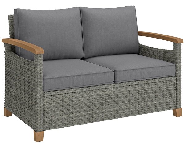Outsunny 2 Seater Rattan Garden Sofa, Outdoor Sofa with Thickened Cushions and Acacia Wood Armrests, Dark Grey