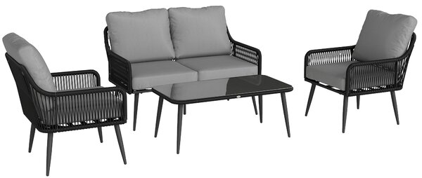Outsunny Rattan Garden Furniture Set, 4 Piece Outdoor Patio Furniture with Tempered Glass Table and Chairs, Indoor Balcony Conservatory Set