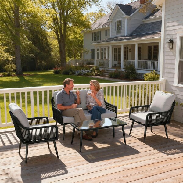 Outsunny Rattan Garden Furniture Set, 4 Piece Outdoor Patio Furniture with Tempered Glass Table and Chairs, Indoor Balcony Conservatory Set