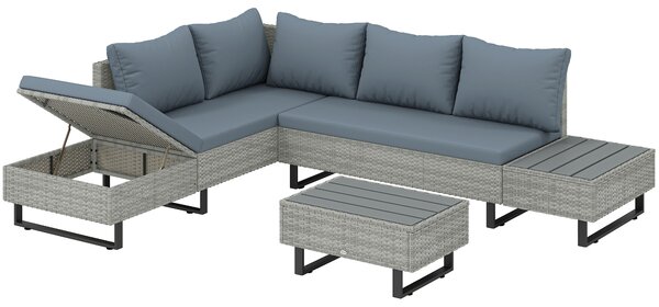 Outsunny 5 Seater Rattan Garden Furniture Set, L Shaped Garden Corner Sofa, Adjustable Back, Faux Wood Tables, Grey