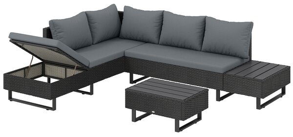 Outsunny 5 Seater Rattan Garden Furniture Set, L Shaped Garden Corner Sofa, Adjustable Back, Faux Wood Table, Dark Grey