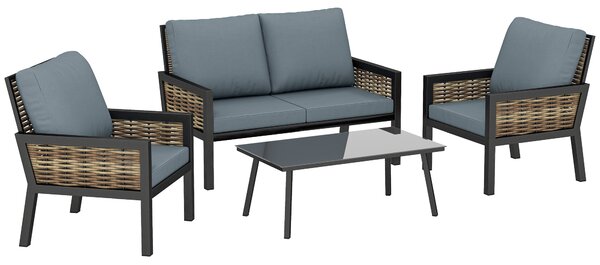 Outsunny 4 Seater Rattan Garden Furniture Set with 2 Armchairs, Loveseat, Coffee Table, Garden Sofa Set with Cushions, Grey