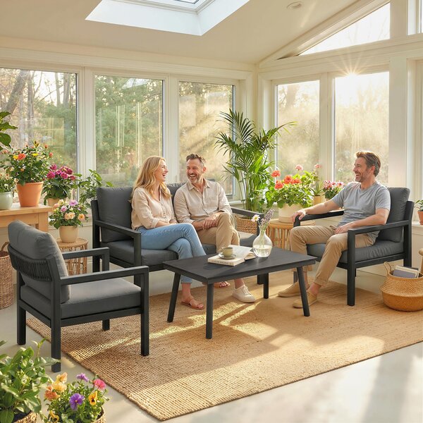 Outsunny 4 Seater Rattan Garden Furniture Set with 2 Armchairs, Loveseat, Coffee Table, Garden Sofa Set with Cushions, Dark Grey