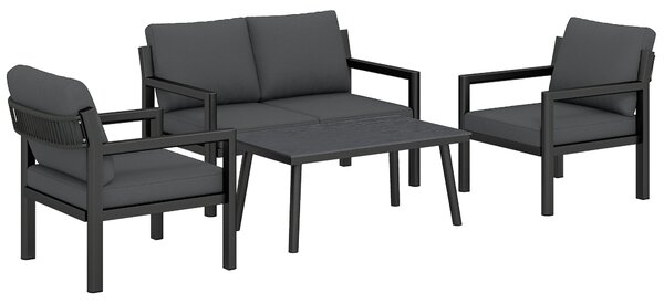 Outsunny 4 Seater Rattan Garden Furniture Set with 2 Armchairs, Loveseat, Coffee Table, Garden Sofa Set with Cushions, Dark Grey