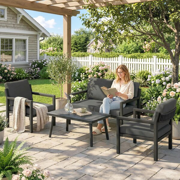 Outsunny 4 Seater Rattan Garden Furniture Set with 2 Armchairs, Loveseat, Coffee Table, Garden Sofa Set with Cushions, Dark Grey