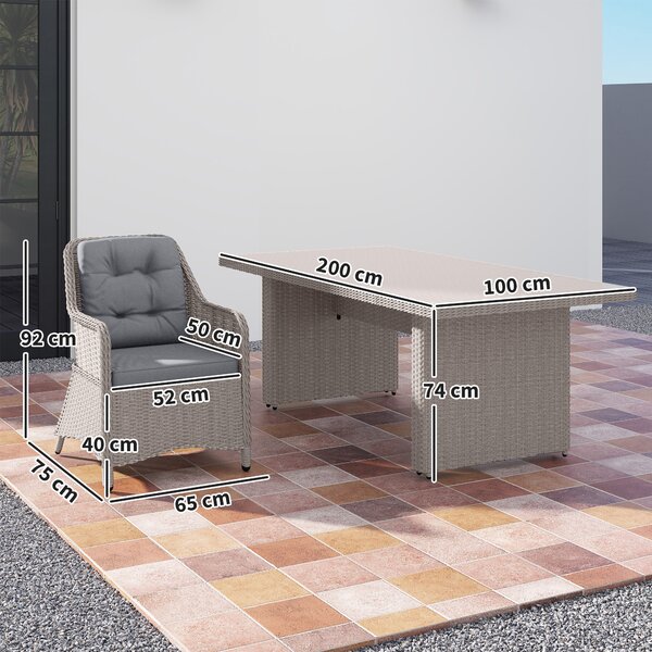 Outsunny 7 PCS Outdoor PE Rattan Dining Table Set, Patio Wicker Aluminium Chair Furniture w/ Tempered Glass Table Top, Cat Scratch Resistant, Grey
