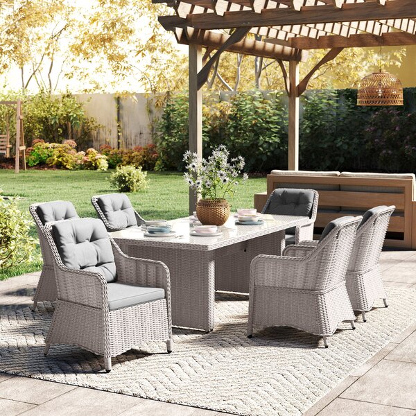 Outsunny 7 PCS Outdoor PE Rattan Dining Table Set, Patio Wicker Aluminium Chair Furniture w/ Tempered Glass Table Top, Cat Scratch Resistant, Grey