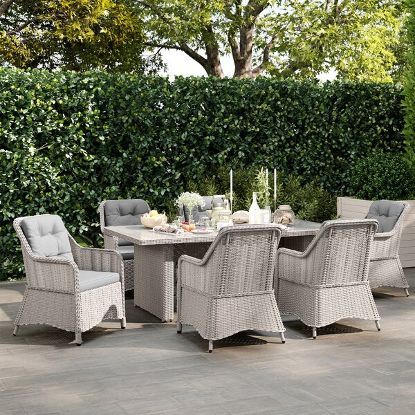 Outsunny 7 PCS Outdoor PE Rattan Dining Table Set, Patio Wicker Aluminium Chair Furniture w/ Tempered Glass Table Top, Cat Scratch Resistant, Grey