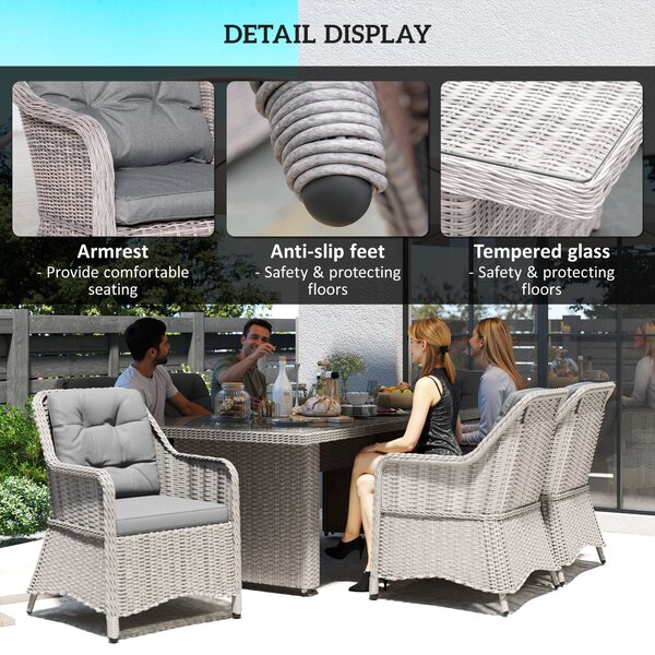 Outsunny 7 PCS Outdoor PE Rattan Dining Table Set, Patio Wicker Aluminium Chair Furniture w/ Tempered Glass Table Top, Cat Scratch Resistant, Grey