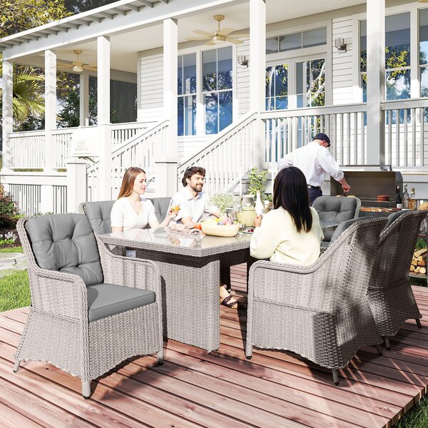 Outsunny 7 PCS Outdoor PE Rattan Dining Table Set, Patio Wicker Aluminium Chair Furniture w/ Tempered Glass Table Top, Cat Scratch Resistant, Grey