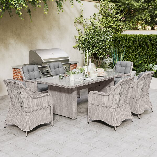 Outsunny 7 PCS Outdoor PE Rattan Dining Table Set, Patio Wicker Aluminium Chair Furniture w/ Tempered Glass Table Top, Cat Scratch Resistant, Grey