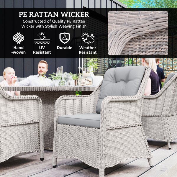 Outsunny 7 PCS Outdoor PE Rattan Dining Table Set, Patio Wicker Aluminium Chair Furniture w/ Tempered Glass Table Top, Cat Scratch Resistant, Grey