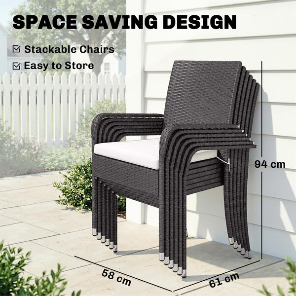 Outsunny 7 Piece Rattan Garden Furniture Set, 6 Seater Garden Table and 6 Stackable Chairs with Extendable Acacia Wood Tabletop
