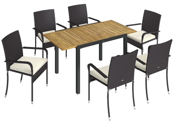 Outsunny 7 Piece Rattan Garden Furniture Set, 6 Seater Garden Table and 6 Stackable Chairs with Extendable Acacia Wood Tabletop