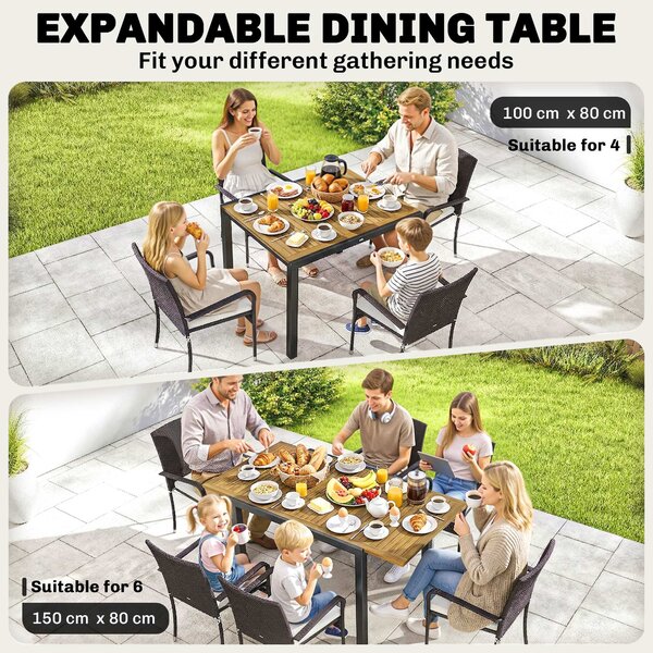 Outsunny 7 Piece Rattan Garden Furniture Set, 6 Seater Garden Table and 6 Stackable Chairs with Extendable Acacia Wood Tabletop