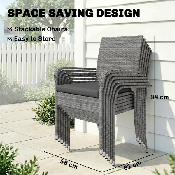 Outsunny 7 Piece Rattan Garden Furniture Set, 6 Seater Garden Table and 6 Stackable Chairs with Extendable Acacia Wood Tabletop