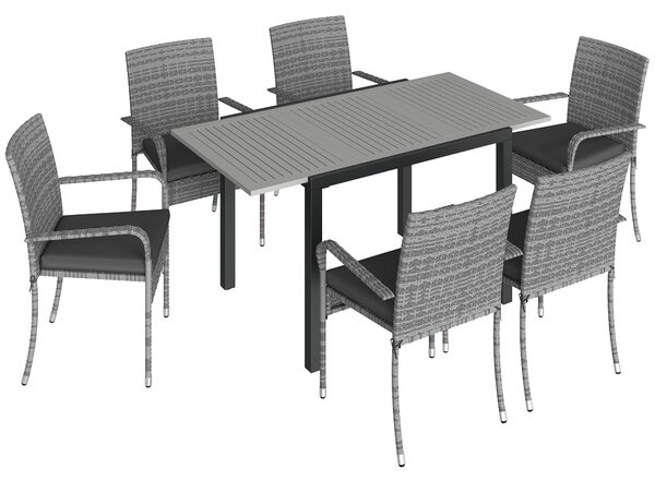 Outsunny 7 Piece Rattan Garden Furniture Set, 6 Seater Garden Table and 6 Stackable Chairs with Extendable Acacia Wood Tabletop