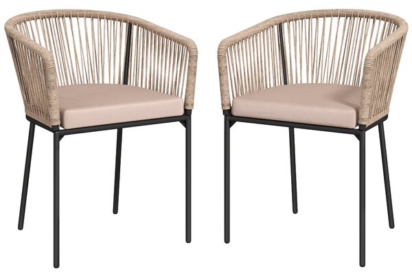 Outsunny Garden Chairs Set of 2, Rattan Garden Dining Chairs with String Back Armrests, Cushions, Natural Wood Finish