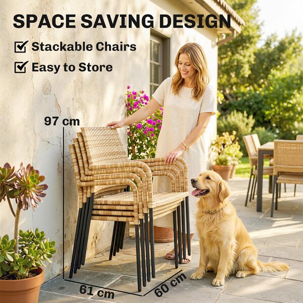 Outsunny 4 Seater Rattan Dining Set with Parasol, 6 Piece Garden Table and Stackable Chairs with Tempered Glass Tabletop