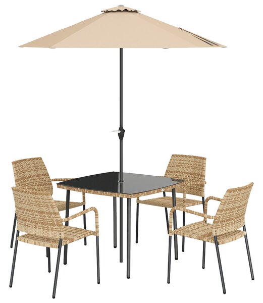 Outsunny 4 Seater Rattan Dining Set with Parasol, 6 Piece Garden Table and Stackable Chairs with Tempered Glass Tabletop