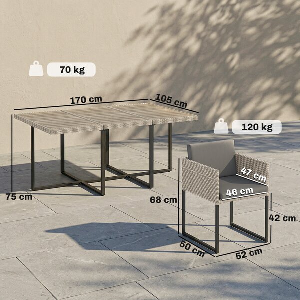 Outsunny 7 Piece Rattan Garden Furniture Set, Garden Dining Set with Wood-Plastic Table and 6 Stackable Chairs, Light Grey