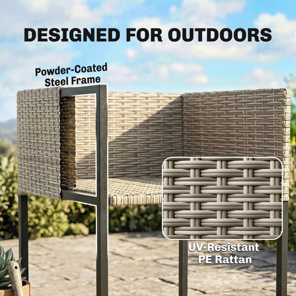 Outsunny 7 Piece Rattan Garden Furniture Set, Garden Dining Set with Wood-Plastic Table and 6 Stackable Chairs, Light Grey