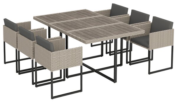 Outsunny 7 Piece Rattan Garden Furniture Set, Garden Dining Set with Wood-Plastic Table and 6 Stackable Chairs, Light Grey