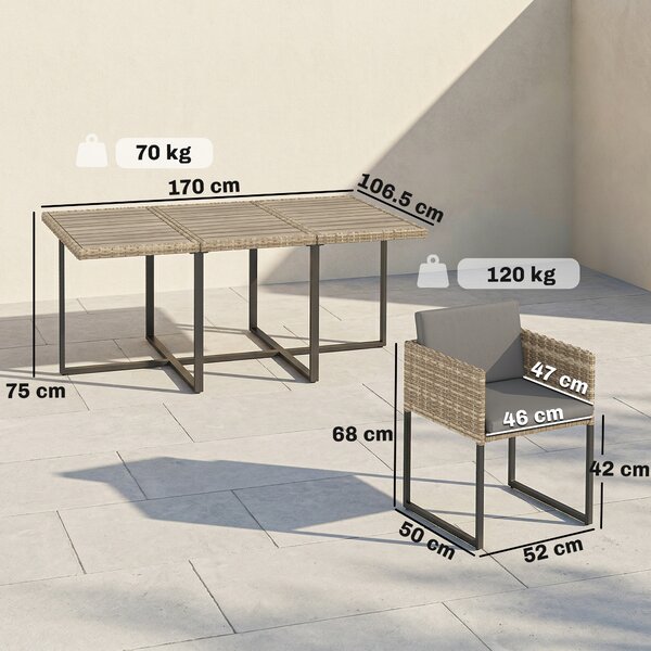 Outsunny 7 Piece Rattan Garden Furniture Set, Garden Dining Set with Wood-Plastic Table and 6 Stackable Chairs, Light Brown
