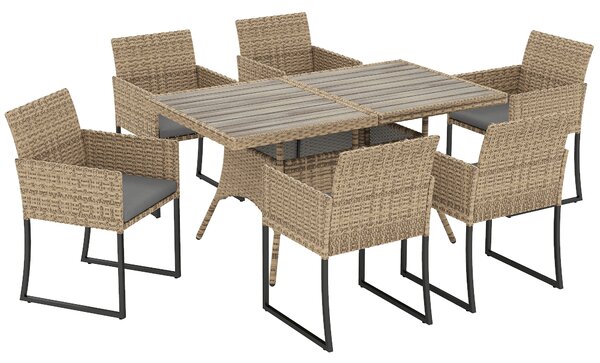 Outsunny 7 Piece Rattan Garden Furniture Set, Garden Dining Set with Wood-Plastic Table and 6 Stackable Chairs, Dark Grey