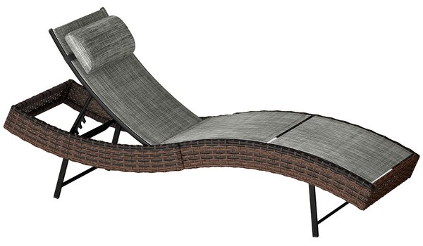Outsunny Rattan Sun Lounger, Garden Recliner with 5 Position Adjustable Back, S Shaped Texteline Seat, Headrest, Brown
