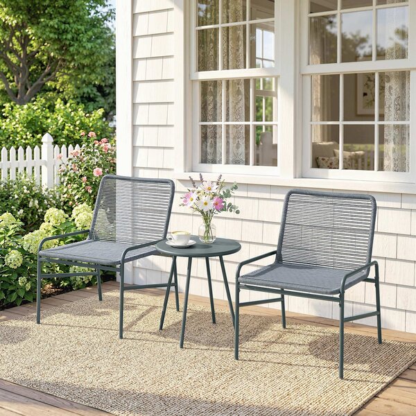 Outsunny 3 Piece Rattan Bistro Set, Outdoor Garden Furniture Set with 2 Chairs, Round Coffee Table for Patio, Balcony, Dark Grey