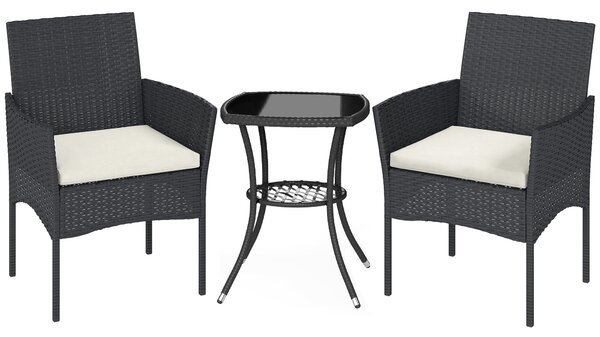 Outsunny 3 Piece Rattan Bistro Set, PE Wicker Garden Furniture Conversation Set with 2 Tier Glass-Top Table, Chairs, Cream White