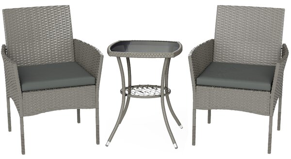 Outsunny 3 Piece Rattan Bistro Set, PE Wicker Garden Furniture Conversation Set with 2 Tier Glass-Top Table, Chairs, Dark Grey
