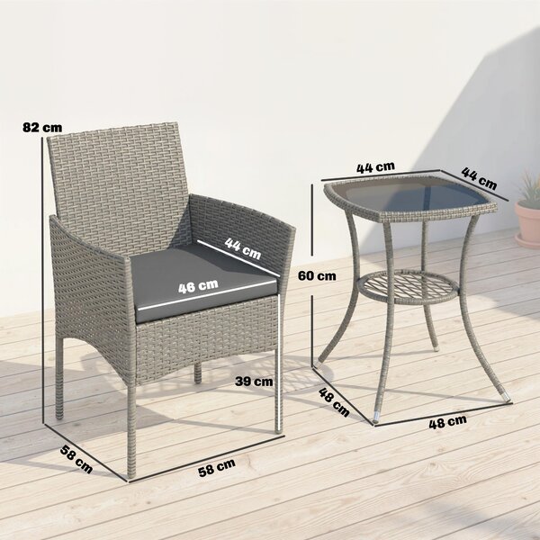 Outsunny 3 Piece Rattan Bistro Set, PE Wicker Garden Furniture Conversation Set with 2 Tier Glass-Top Table, Chairs, Dark Grey