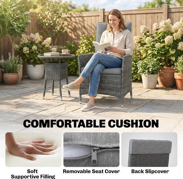 Outsunny Rattan Bistro Set, Reclining Garden Chairs and Glass Coffee Table with Cushions for Patio Balcony Porch, Grey